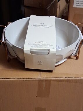 White Ceramic Baking Dish with Copper-Tone Handles - Home Kitchen